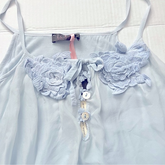 LOLA 100% Silk Top Blue SZ L Boho Floral Coquette Bell Sleeves Fairy Sheer - Picture 7 of 11